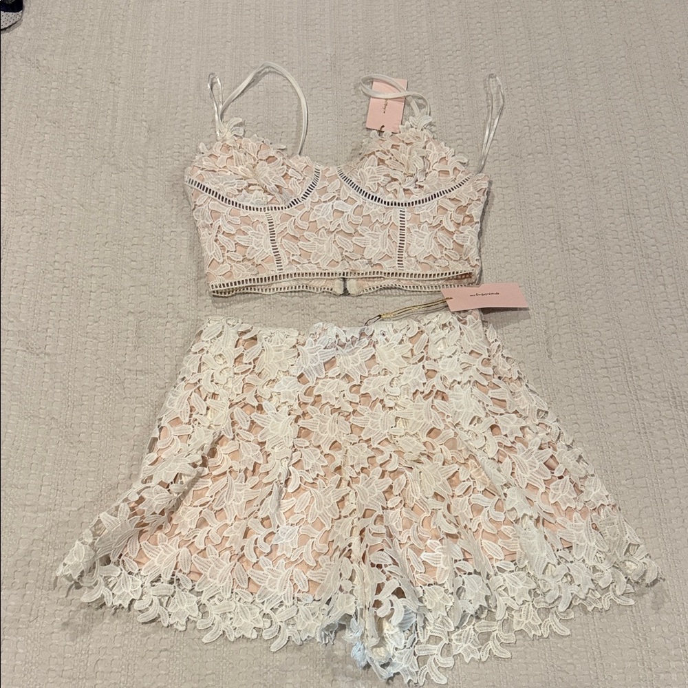 Elegant Lace Bralette and Shorts Set - Cream and white - bridal